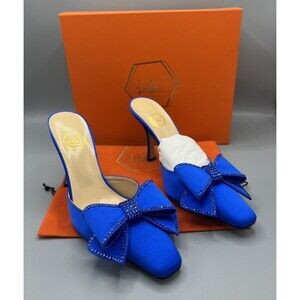 Nalebe Dimante Embellished High Heel Mules Women's 9.5 Blue Pointed Square Toe